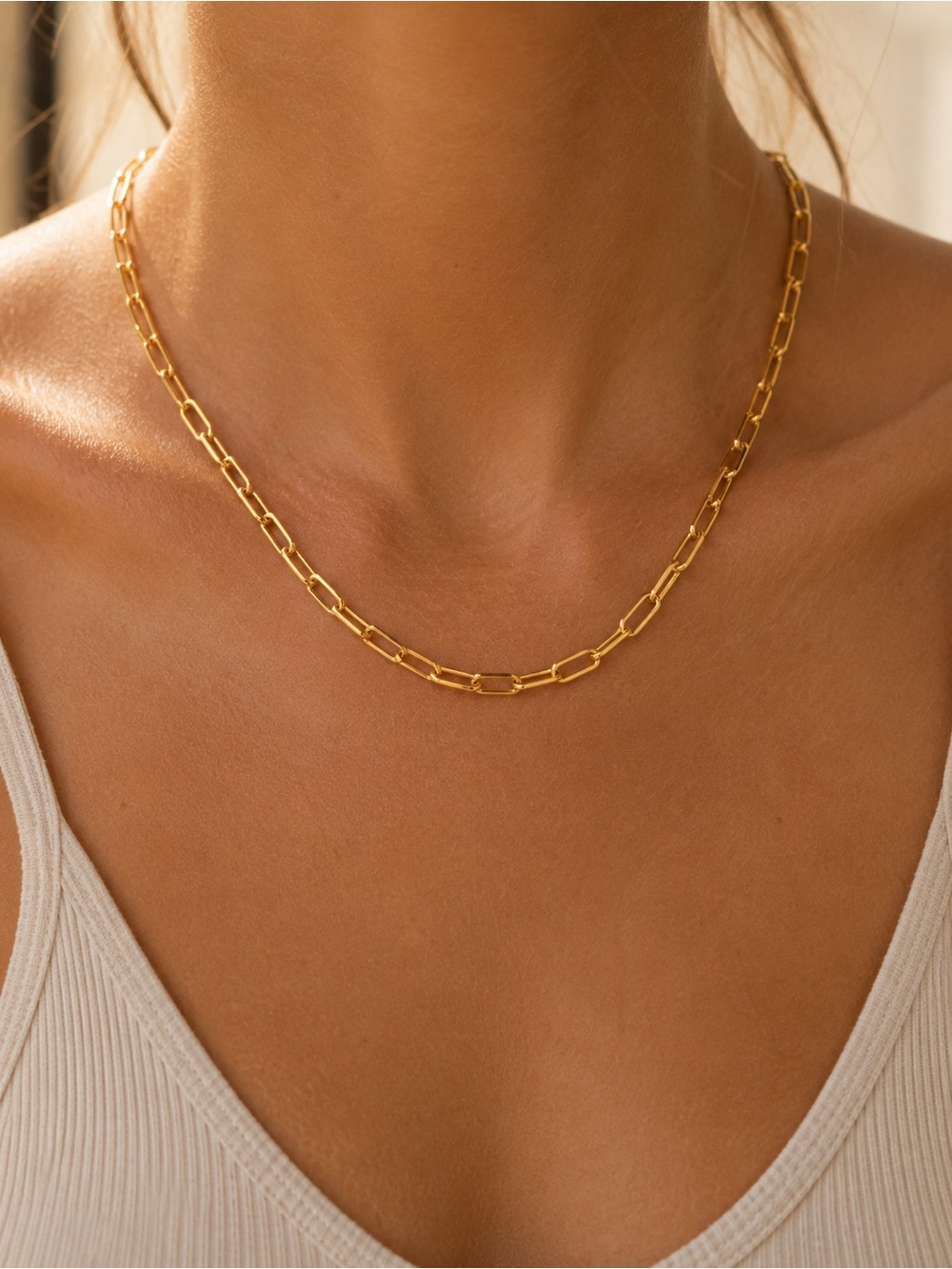 18K Gold Paperclip Chain Necklace Waterproof Stainless Steel Layering